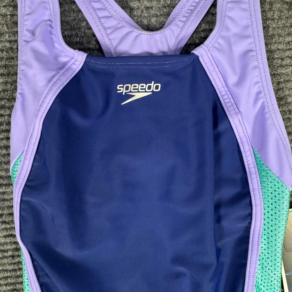 Speedo Girls Mesh Thick Strap One Piece Swimsuit Navy Purple Aqua Size 10 NWT
